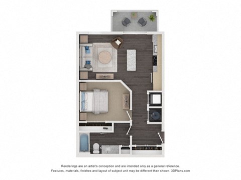 Floor plan for studio, 1 bath, 634 sqft